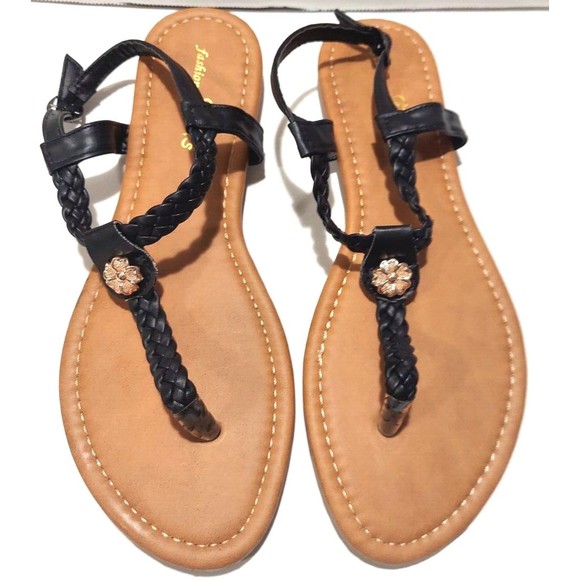 Fashion Focus Shoes - Women's Black T-strap Sandals With Ankle Strap Beach Summer Flats Size 6